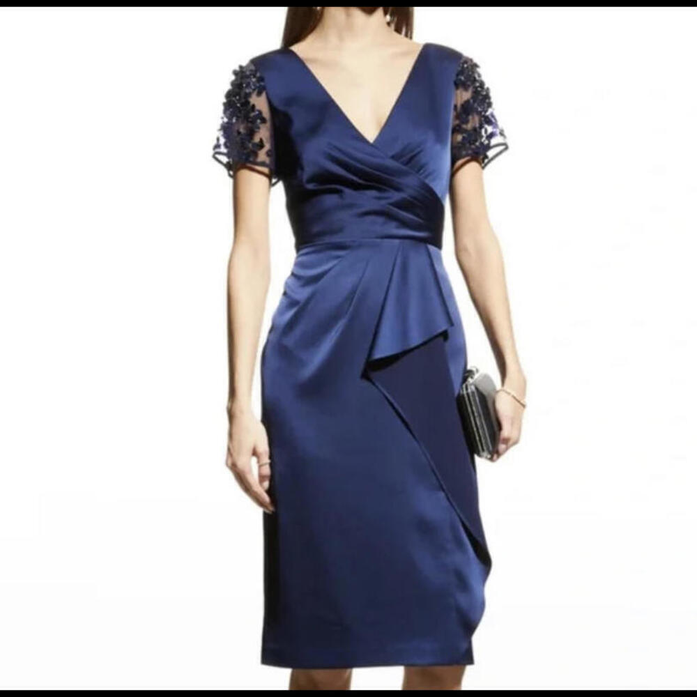 AIDAN MATTOX navy flower beaded short sleeve formal dress
